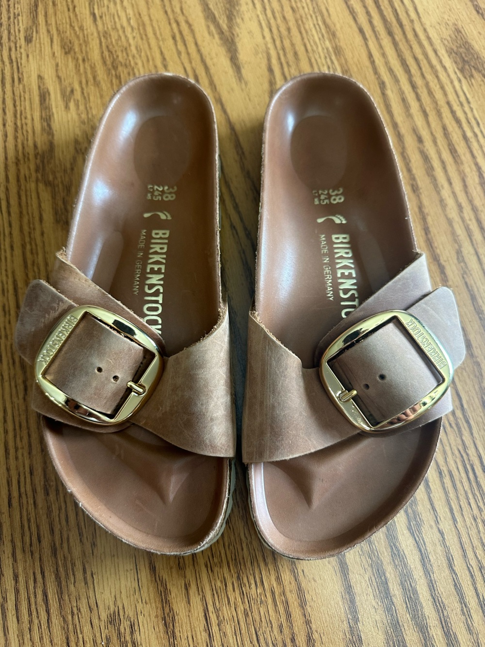 Birkenstock Women’s Tan Madrid Slide Sandals with Gold Buckles size 38